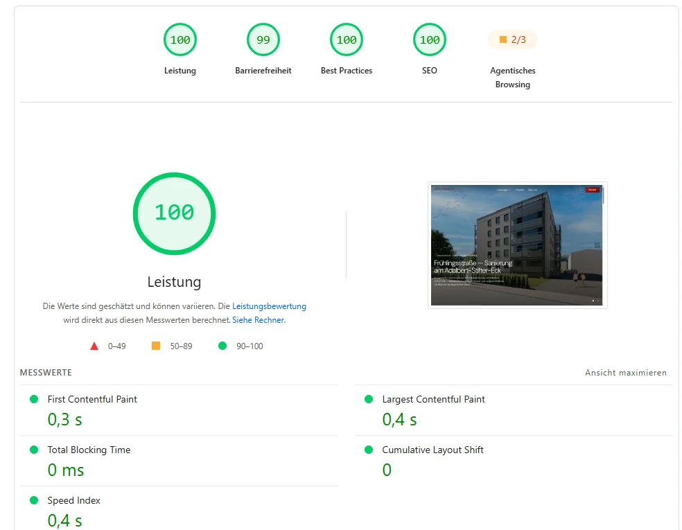 PageSpeed Insights Bericht für APPS Architekten — vier Score-Ringe