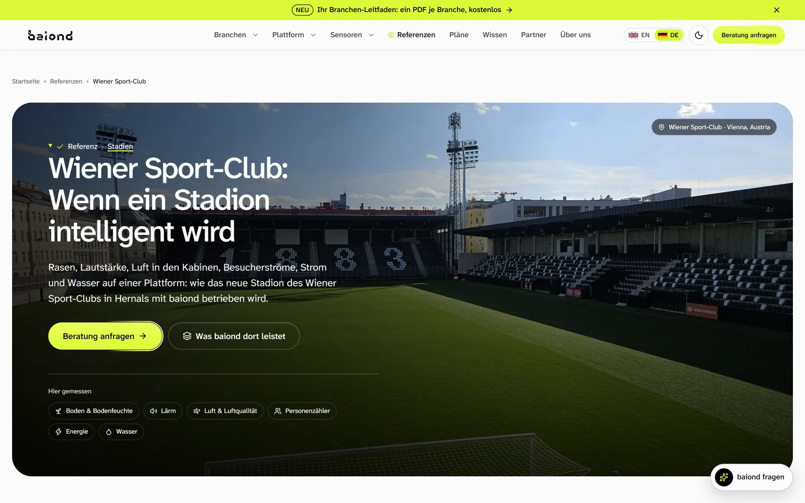 Referenzseite Wiener Sport-Club mit gemessenen Sensorwerten als Tags