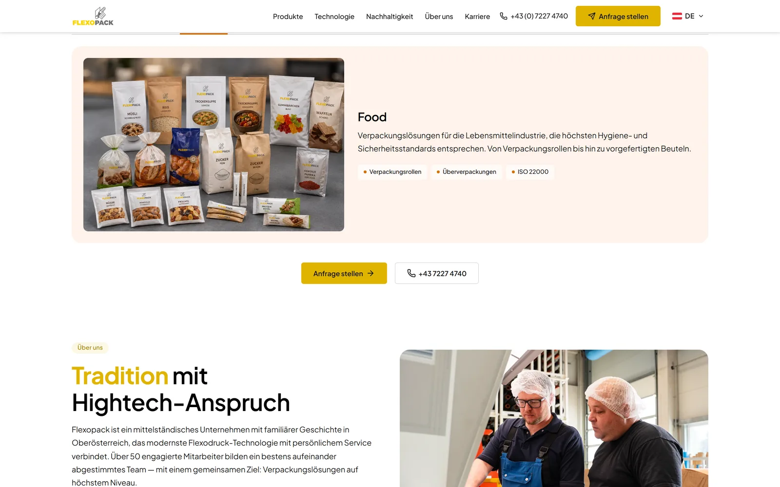 Produktwelt von Flexopack – Tab-Explorer mit sieben Zielbranchen, hier Food
