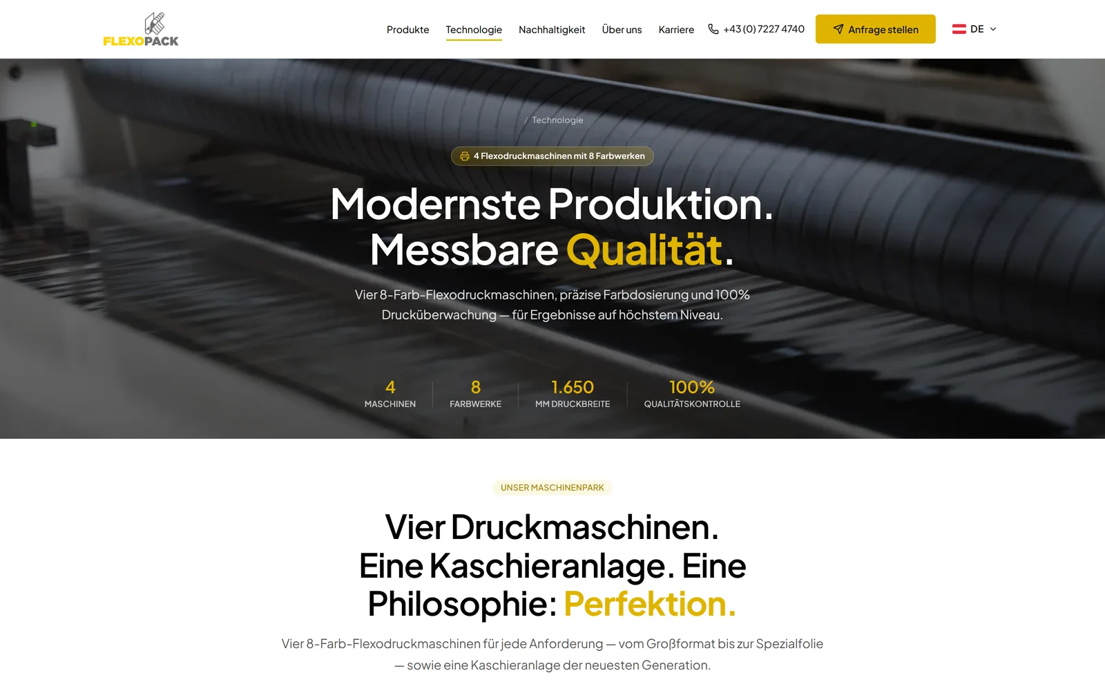 Technologie-Seite von Flexopack – Maschinenpark mit Druckbreite, Farbwerken und Qualitätskontrolle