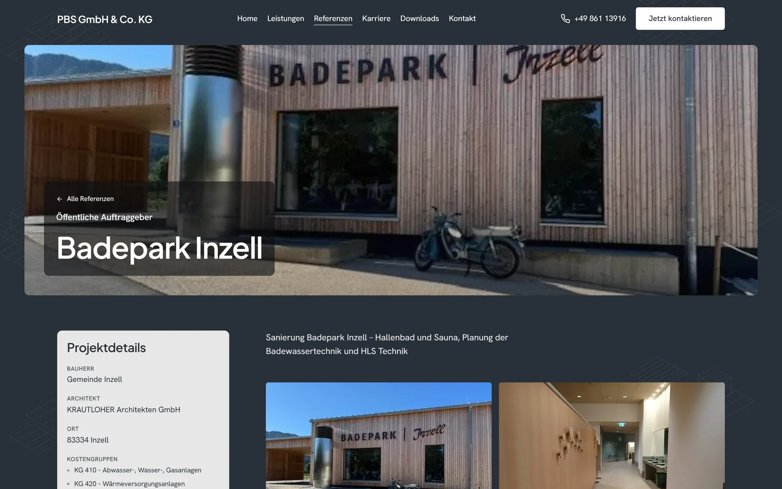 Projektseite Badepark Inzell mit Projektdetails: Bauherr, Architekt, Ort, Kostengruppen